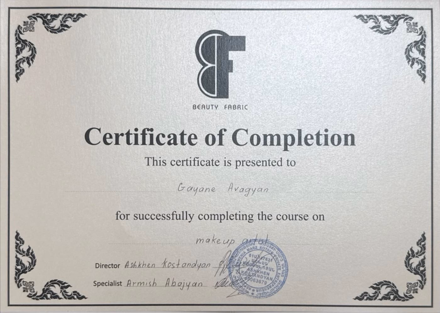 Beauty Fabric certificate of completion for a makeup artist course, issued to Gayane Avagyan