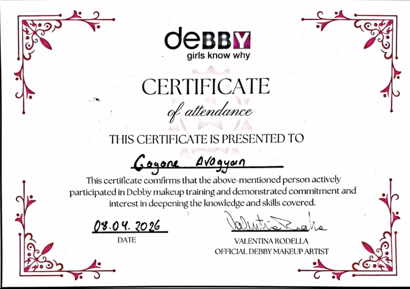 Debby certificate of attendance signed by official Debby makeup artist Valentina Rodella